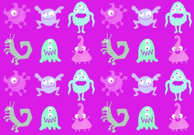 Cartoon monsters seamless emoticons aliens pattern for kids clothes print and wrapping paper and fabrics and linens and kindergarten. High quality illustration