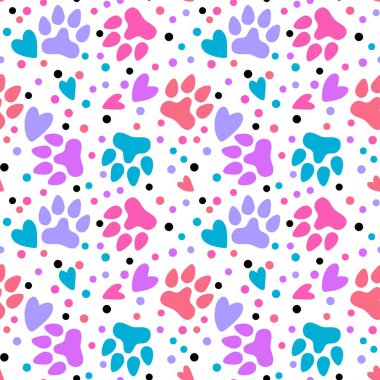 Cartoon animals seamless footprints dig and cat and polka dots and hearts pattern for wrapping paper and kids clothes print and festive packaging and kindergarten textiles. High quality illustration