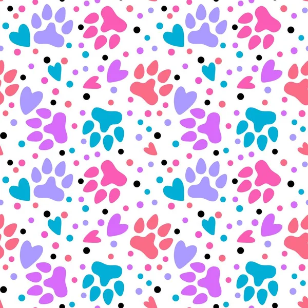Cartoon animals seamless footprints dig and cat and polka dots and hearts pattern for wrapping paper and kids clothes print and festive packaging and kindergarten textiles. High quality illustration