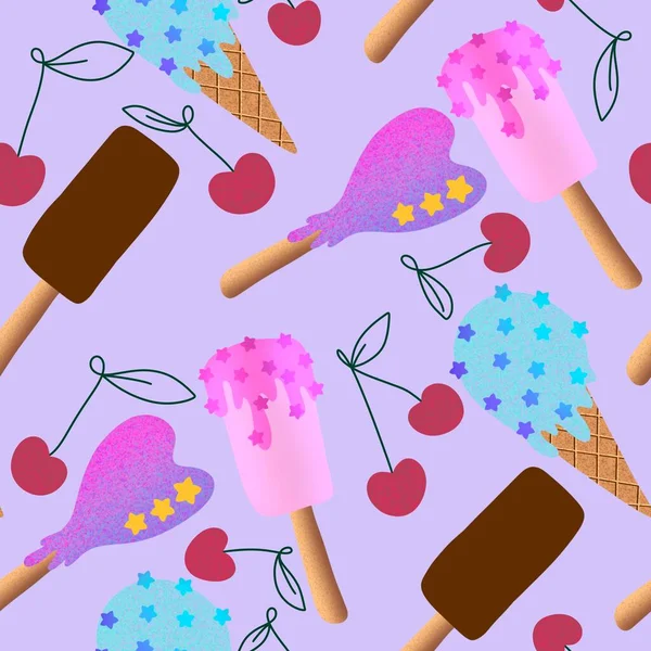 Summer cartoon food seamless kawaii stars ice cream pattern for wrapping paper and fabrics and linens and kids clothes print and festive packaging and kitchen textiles. High quality illustration