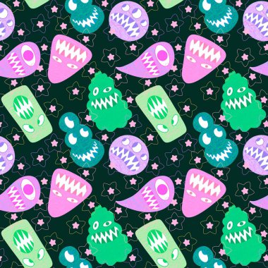 Cartoon monsters seamless emoticons aliens pattern for kids clothes print and wrapping paper and fabrics and linens and kindergarten. High quality illustration