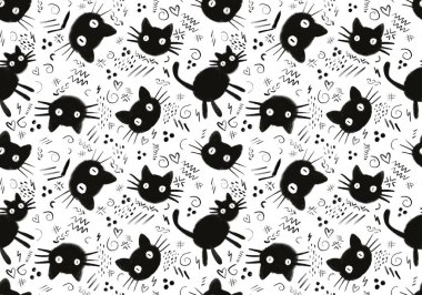 Halloween animals seamless black cats paint markers pattern for wrapping paper and fabrics and linens and kids clothes print. High quality illustration