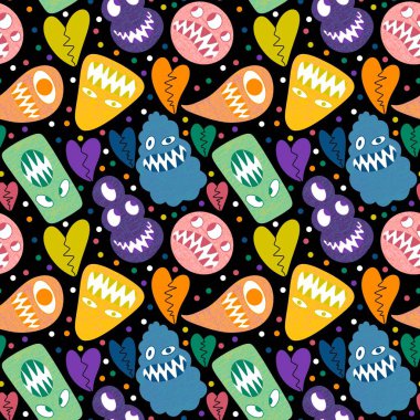 Cartoon monsters seamless emoticons aliens pattern for kids clothes print and wrapping paper and fabrics and linens and kindergarten. High quality illustration