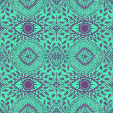 Abstract symbols turkeys seamless evil eyes magic pattern for wrapping paper and fabrics and linens and festive packaging and fashion textiles and summer swimsuit. High quality illustration