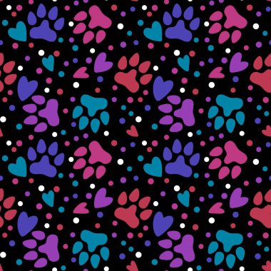 Cartoon animals seamless footprints dig and cat and polka dots and hearts pattern for wrapping paper and kids clothes print and festive packaging and kindergarten textiles. High quality illustration