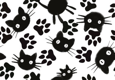 Halloween animals seamless black cats paint markers pattern for wrapping paper and fabrics and linens and kids clothes print. High quality illustration