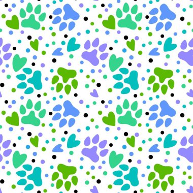 Cartoon animals seamless footprints dig and cat and polka dots and hearts pattern for wrapping paper and kids clothes print and festive packaging and kindergarten textiles. High quality illustration