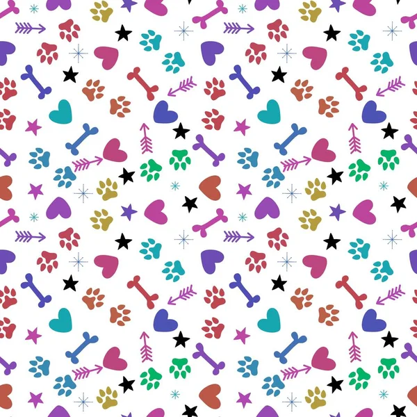 Hayvanlar çizgi filminde kağıt, kumaş, çarşaf, çocuk giysisi baskısı ve şenlik ambalajı için kusursuz köpek ve kedi ayak izleri. Yüksek kalite fotoğraf