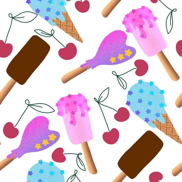 Summer cartoon food seamless kawaii stars ice cream pattern for wrapping paper and fabrics and linens and kids clothes print and festive packaging and kitchen textiles. High quality illustration