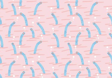 Çizgi filmlerdeki deniz hayvanları, kağıt, kumaş, çarşaf ve çocuk giysileri baskısı ve şenlik ambalajı için kusursuz benekli yılan balığı desenleri. Yüksek kaliteli illüstrasyon