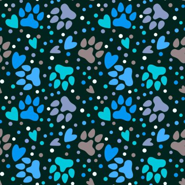 Cartoon animals seamless footprints dig and cat and polka dots and hearts pattern for wrapping paper and kids clothes print and festive packaging and kindergarten textiles. High quality illustration