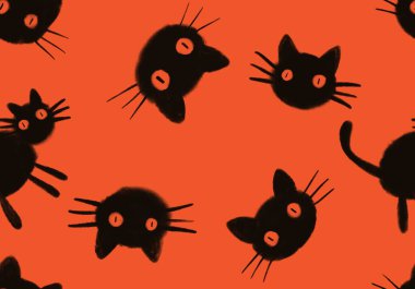 Halloween animals seamless black cats paint markers pattern for wrapping paper and fabrics and linens and kids clothes print. High quality illustration