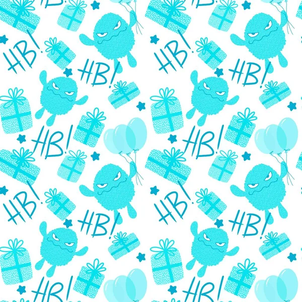 Cartoon monsters seamless birthday gift box and aliens and balloons pattern for wrapping paper and kids clothes print and fabrics and linens and festive packaging. High quality illustration