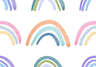 Cartoon watercolor seamless rainbow pattern for wrapping paper and kids clothes print and fabrics and linens and festive packaging and kindergarten textiles. High quality illustration