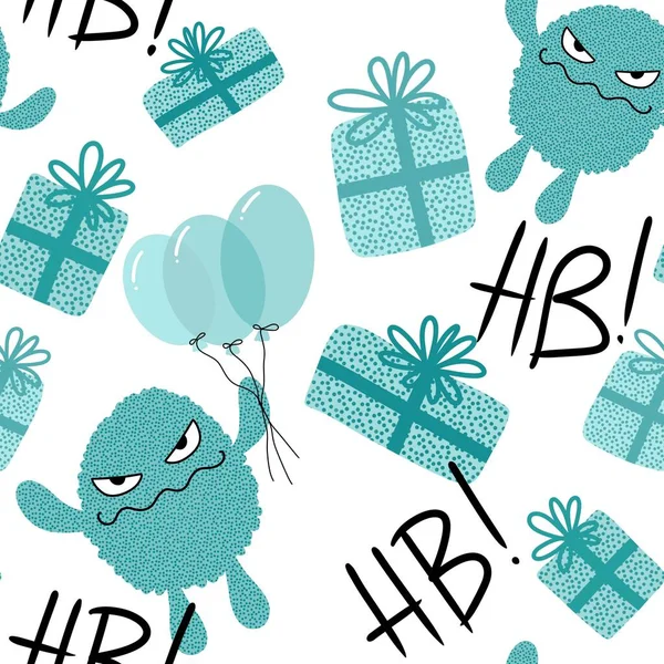 Cartoon monsters seamless birthday gift box and aliens and balloons pattern for wrapping paper and kids clothes print and fabrics and linens and festive packaging. High quality illustration