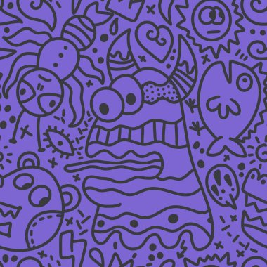 Cartoon monsters seamless emoticons aliens pattern for kids clothes print and wrapping paper and fabrics and linens and kindergarten. High quality illustration