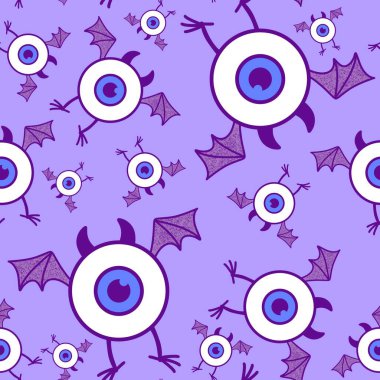 Halloween cartoon monsters seamless eyes and wings pattern for wrapping paper and fabrics and linens and kids clothes print and cute notebooks. High quality illustration