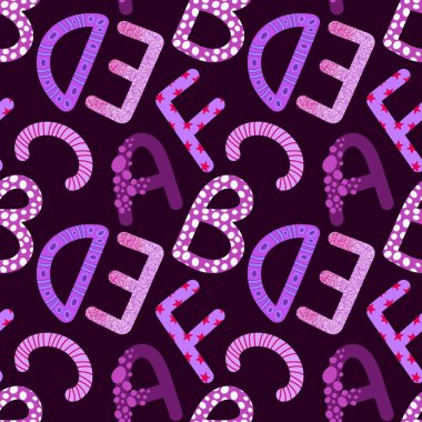 Cartoon alphabet seamless kids letter pattern for wrapping paper and fabrics and linens and festive packaging and kitchen and kindergarten textiles. High quality illustration