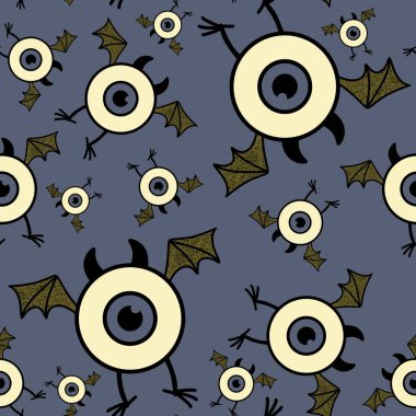 Halloween cartoon monsters seamless eyes and wings pattern for wrapping paper and fabrics and linens and kids clothes print and cute notebooks. High quality illustration