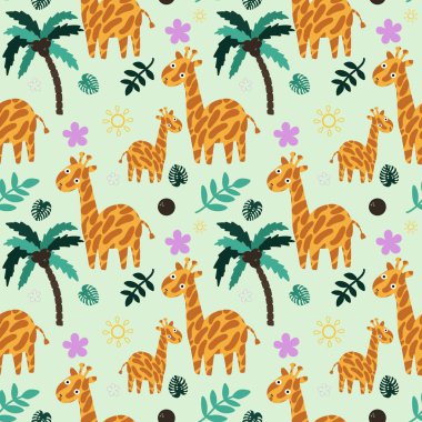 Çizgi filmlerdeki yaz hayvanlarının kusursuz zürafalar desenleri ve çocuk giysileri baskıları, kumaşlar, çarşaflar ve anaokulu tekstil ürünleri. Yüksek kaliteli illüstrasyon