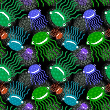 Çizgi filmlerdeki okyanus hayvanları, ambalajsız ahtapot desenleri, kumaşlar, çarşaflar, çocuk giysileri, tekstil ve mayolar. Yüksek kaliteli illüstrasyon