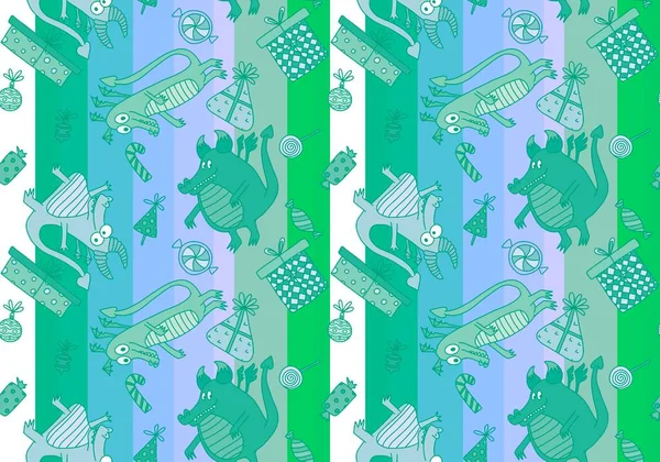 Cartoon Dinosaur Monsters Seamless Dragon Pattern Wrapping Paper Christmas Gift — Stockfoto