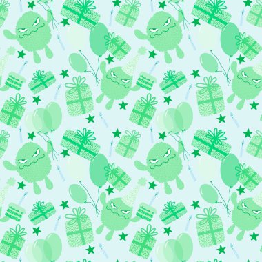 Cartoon monsters seamless birthday gift box and aliens and balloons pattern for wrapping paper and kids clothes print and fabrics and linens and festive packaging. High quality illustration