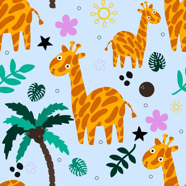 Çizgi Filmlerdeki Yaz Hayvanlarının Kusursuz Zürafalar Desenleri Çocuk Giysileri Baskıları — Stok fotoğraf