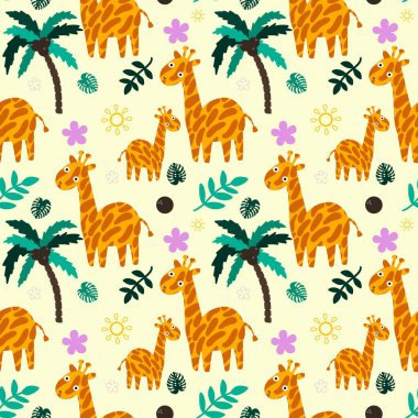Çizgi filmlerdeki yaz hayvanlarının kusursuz zürafalar desenleri ve çocuk giysileri baskıları, kumaşlar, çarşaflar ve anaokulu tekstil ürünleri. Yüksek kaliteli illüstrasyon