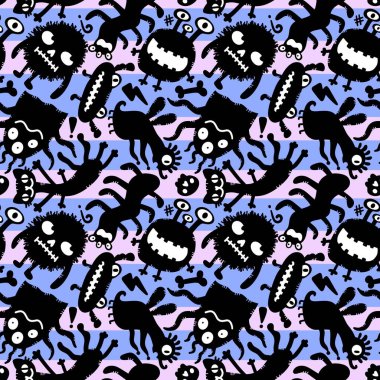 Cartoon monsters seamless emoticons aliens pattern for kids clothes print and wrapping paper and fabrics and linens and kindergarten. High quality illustration