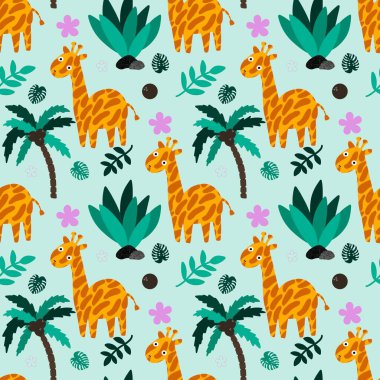 Çizgi filmlerdeki yaz hayvanlarının kusursuz zürafalar desenleri ve çocuk giysileri baskıları, kumaşlar, çarşaflar ve anaokulu tekstil ürünleri. Yüksek kaliteli illüstrasyon