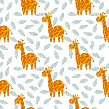 Çizgi filmlerdeki yaz hayvanlarının kusursuz zürafalar desenleri ve çocuk giysileri baskıları, kumaşlar, çarşaflar ve anaokulu tekstil ürünleri. Yüksek kaliteli illüstrasyon