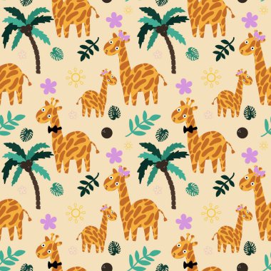 Çizgi filmlerdeki yaz hayvanlarının kusursuz zürafalar desenleri ve çocuk giysileri baskıları, kumaşlar, çarşaflar ve anaokulu tekstil ürünleri. Yüksek kaliteli illüstrasyon