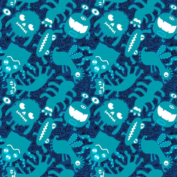 Cartoon Monsters Seamless Emoticons Aliens Pattern Kids Clothes Print Wrapping — 스톡 사진