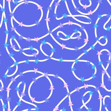 Soyut çizgiler, kusursuz yıldızlar ve şenlik ambalajı için kurdele desenleri ve çocukların giysilerinin baskısı, ambalaj kağıdı, kumaş ve çarşaflar. Yüksek kaliteli illüstrasyon