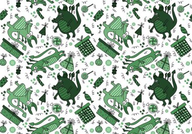 Cartoon dinosaur monsters seamless dragon pattern for wrapping paper and Christmas gift box and kids clothes print and festive packaging and linens and fabrics. High quality illustration