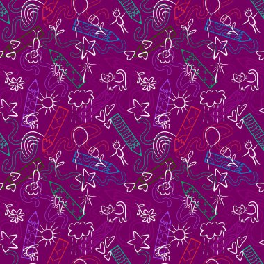 Çizgi film karalama kalemleri, kalem ve karatahta desenli ambalaj kağıdı ve çocuk giysileri baskısı, kumaşlar, çarşaflar ve anaokulu. Yüksek kaliteli illüstrasyon