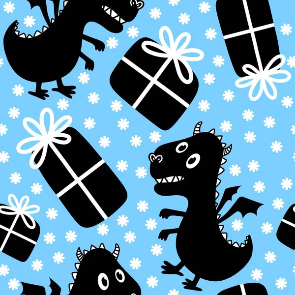 Cartoon Dinosaur Monsters Seamless Dragon Pattern Wrapping Paper Christmas Gift — 图库照片