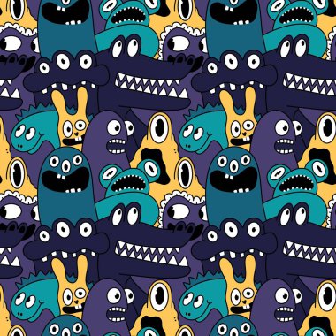 Cartoon monsters seamless emoticons aliens pattern for kids clothes print and wrapping paper and fabrics and linens and kindergarten. High quality illustration