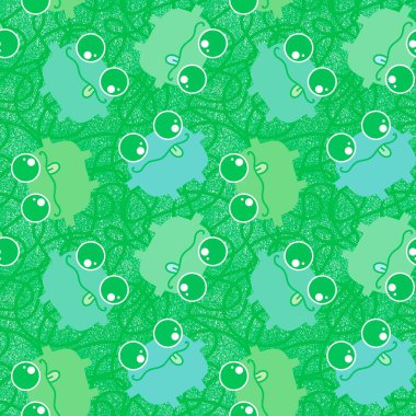 Çizgi film kawaii hayvanları kağıt, kumaş ve çarşaf sarmak için kusursuz kurbağa desenleri ve çocuk giysileri baskısı ve anaokulu tekstili. Yüksek kaliteli illüstrasyon