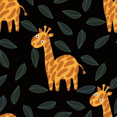 Çizgi filmlerdeki yaz hayvanlarının kusursuz zürafalar desenleri ve çocuk giysileri baskıları, kumaşlar, çarşaflar ve anaokulu tekstil ürünleri. Yüksek kaliteli illüstrasyon