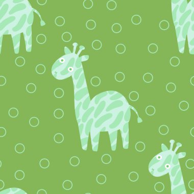 Çizgi filmlerdeki yaz hayvanlarının kusursuz zürafalar desenleri ve çocuk giysileri baskıları, kumaşlar, çarşaflar ve anaokulu tekstil ürünleri. Yüksek kaliteli illüstrasyon