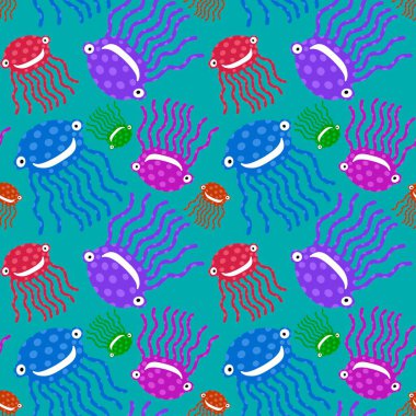 Çizgi filmlerdeki okyanus hayvanları, ambalajsız ahtapot desenleri, kumaşlar, çarşaflar, çocuk giysileri, tekstil ve mayolar. Yüksek kaliteli illüstrasyon