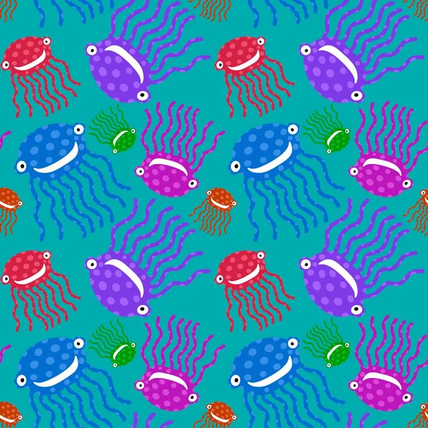 卡通海洋动物无缝章鱼图案用于包装纸和织物 亚麻布和儿童服装印花和幼儿园纺织品和泳衣 高质量的例证 — 图库照片