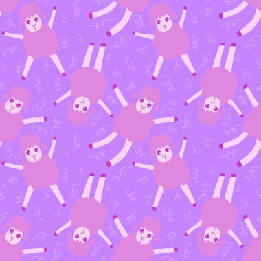 Çizgi filmlerdeki hayvanlar kağıt, kumaş, çarşaf, çocuk giysisi baskısı ve anaokulu için kusursuz koyun desenleri. Yüksek kaliteli illüstrasyon