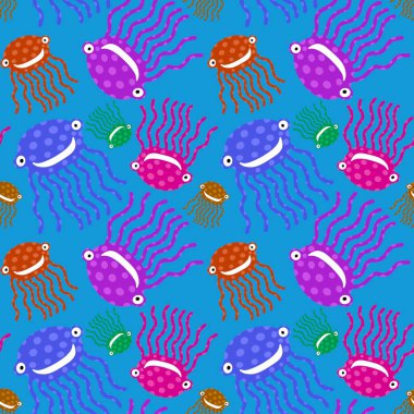 Çizgi filmlerdeki okyanus hayvanları, ambalajsız ahtapot desenleri, kumaşlar, çarşaflar, çocuk giysileri, tekstil ve mayolar. Yüksek kaliteli illüstrasyon