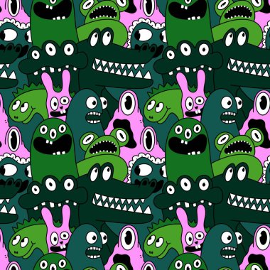 Cartoon monsters seamless emoticons aliens pattern for kids clothes print and wrapping paper and fabrics and linens and kindergarten. High quality illustration