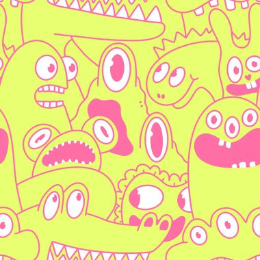 Cartoon monsters seamless emoticons aliens pattern for kids clothes print and wrapping paper and fabrics and linens and kindergarten. High quality illustration