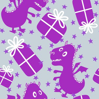 Cartoon dinosaur monsters seamless dragon pattern for wrapping paper and Christmas gift box and kids clothes print and festive packaging and linens and fabrics. High quality illustration