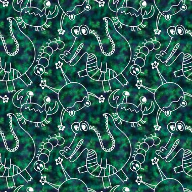 Çizgi film karalaması yaz tropikal hayvanları dikişsiz timsah hayvanları yengeçler ve kurbağalar tırtıl desenli kağıtlar ve çocuk giysileri ve kumaşları. Yüksek kaliteli illüstrasyon